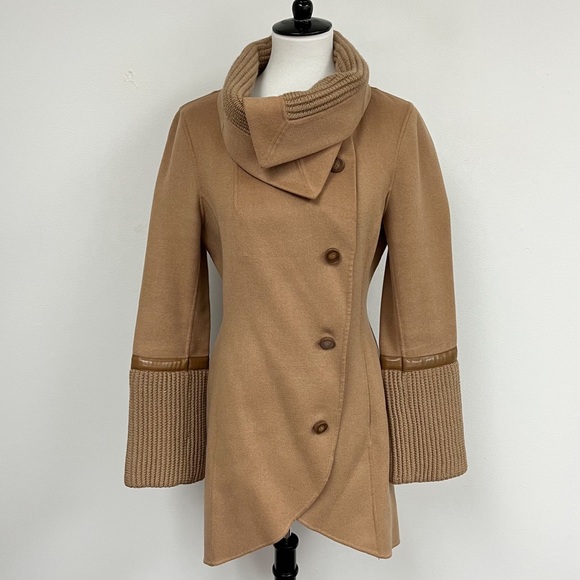 Mackage Camel Brown Tessa Wool Coat Leather Trim - Picture 3 of 12